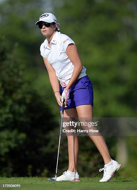 Paula Creamer reacts to her tee shot on the third hole during round one of the Manulife Financial LPGA Classic at the Grey Silo Golf Course on July...