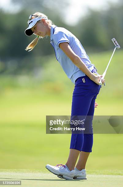 Jessica Korda reacts to her putt for birdie on the 10th green during round one of the Manulife Financial LPGA Classic at the Grey Silo Golf Course on...