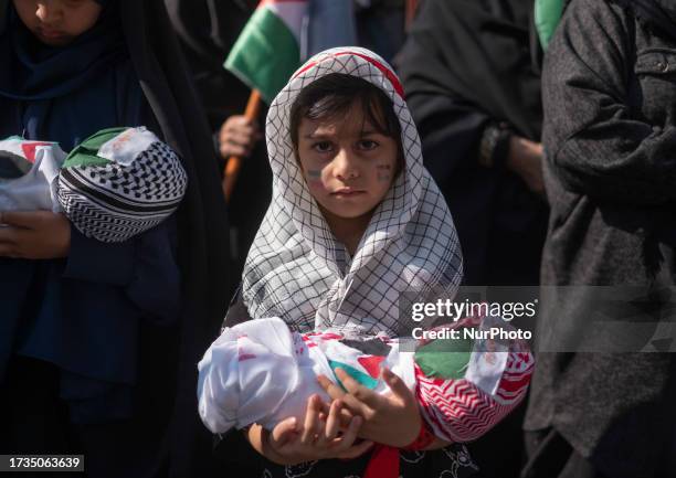 An Iranian child holds an effigy symbolizing a body of a Palestinian kid, during an anti-Israel rally protesting the Israeli air strike on Al-Ahli...