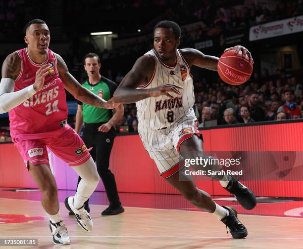 Gary Clark of the Hawks and Jacob Wiley of the 36ers during the round 3 NBL match between Adelaide 36ers and Illawarra Hawks at Adelaide...