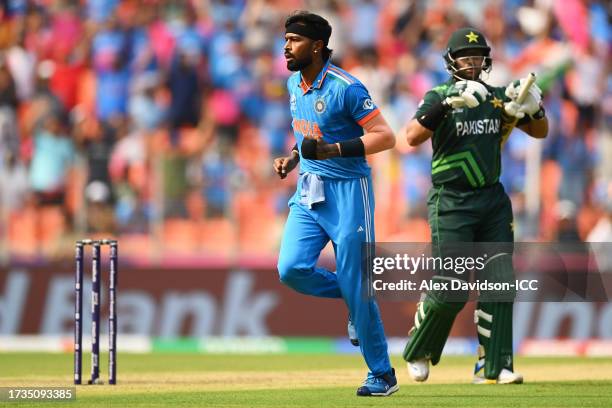 Hardik Pandya of India celebrates the wicket of Imam-ul-Haq of Pakistan during the ICC Men's Cricket World Cup India 2023 between India and Pakistan...