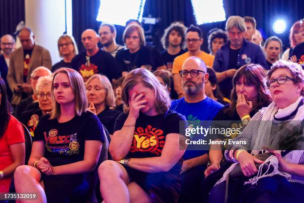 Woman reacts during a speech by Campaign Director of Yes 23 Dean Parkin at the Inner West for 'Yes2023' official referendum function at Wests...