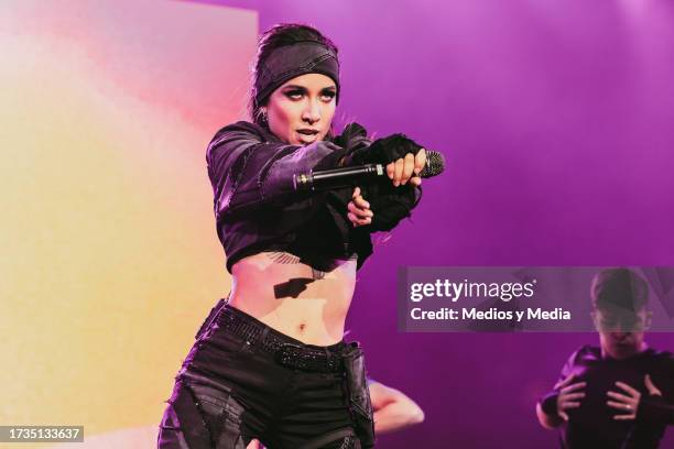 Argentinian singer María Becerra performs during a concert as part of the 'Mexico Tour' at Auditorio Citibanamex on October 13, 2023 in Monterrey,...