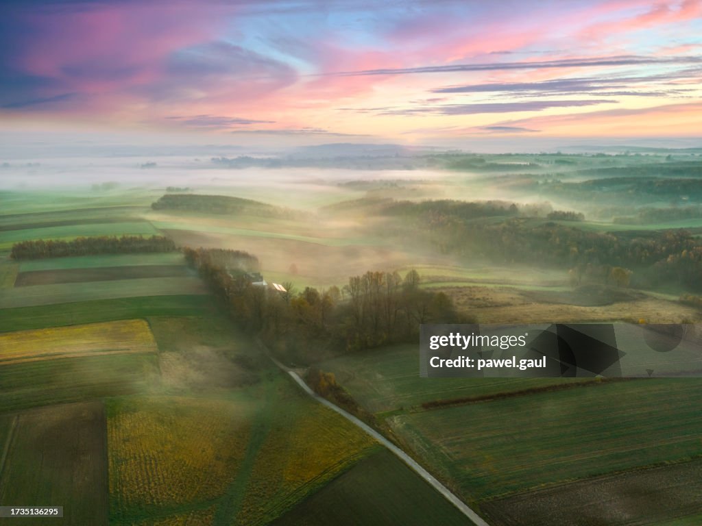 Aerial view of Sunrise autumn countryside Silesia Poland