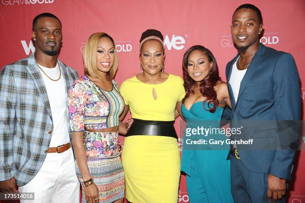 Cast members Aaron Ross, Sanya Richards-Ross, Sharon Richards, Shari Richards and Tyrell Gatewood attend "Sanya's Glam And Gold" Series Premiere at...
