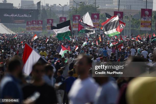 Demonstrators wave Palestinian flags at the Unknown SoldierMemorial, Cairo, Egypt, October 20 2023, during a demonstration in support of Palestine...