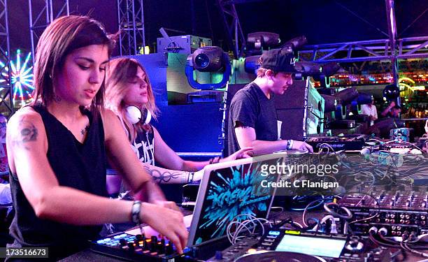 Producers and Vocalists Yasmine Yousaf, Jahan Yousaf and Rain Man of Krewella perform onstage during the 17th Annual Electric Daisy Carnival at Las...