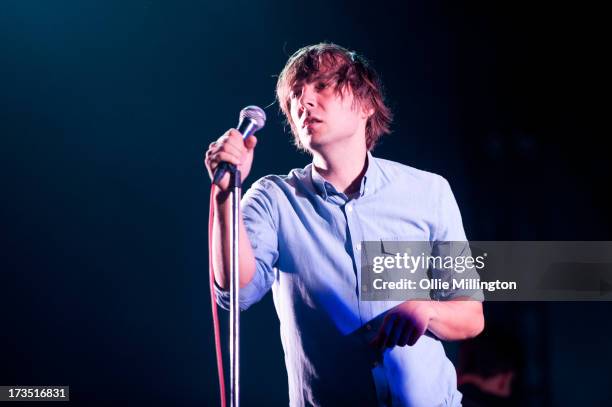 Thomas Mars of Phoenix performs at Day 1 of the T in the Park festival at Balado on July 12, 2013 in Kinross, Scotland.