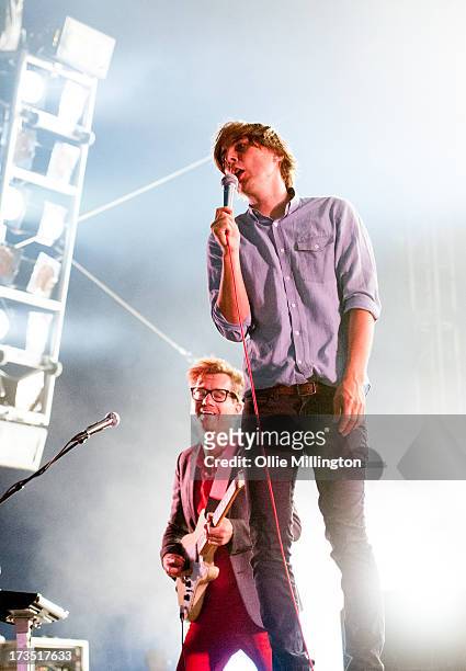 Christian Mazzalai and Thomas Mars of Phoenix perform at Day 1 of the T in the Park festival at Balado on July 12, 2013 in Kinross, Scotland.