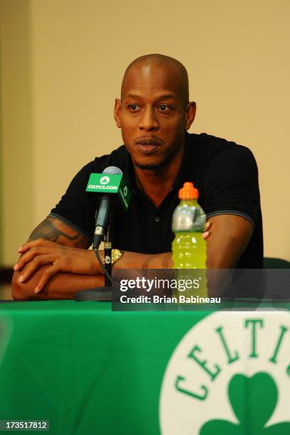 Keith Bogans speaks at a press conference announcing him as a member of the Boston Celtics on July 15, 2013 at The Training Center at Healthpoint in...