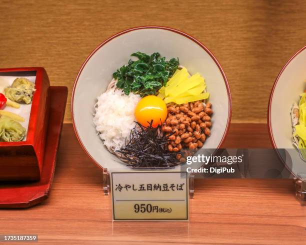 chilled buckwheat soba noodles with natto and gomoku toppings - natto stock pictures, royalty-free photos & images