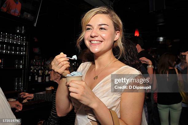 Bonnie Dennison eats Ample Hills Creamery ice cream during the Glass Eye Pix "Beneath" Premiere Event - After Party at Oliver's City Tavern on July...