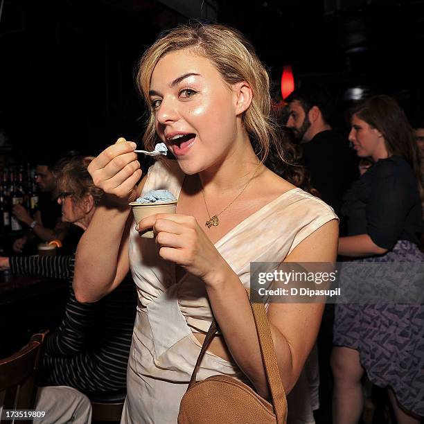 Bonnie Dennison eats Ample Hills Creamery ice cream during the Glass Eye Pix "Beneath" Premiere Event - After Party at Oliver's City Tavern on July...