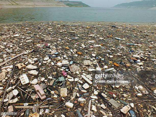 General view of floating garbage on Yangtze River in the upper reaches of Three Gorges Dam on July 15, 2013 in Yichang, Hubei Province of China....