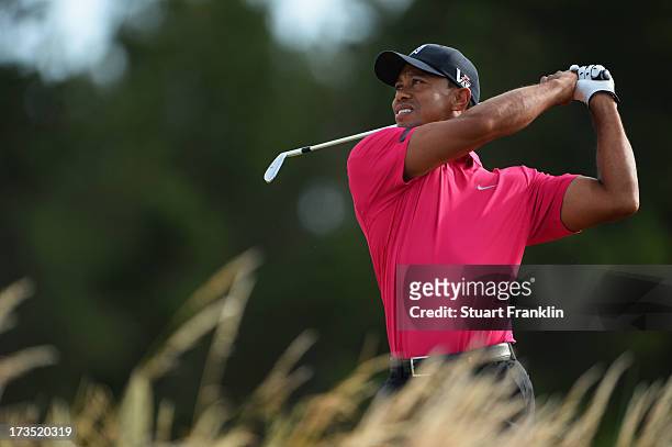 Tiger Woods of the United States hits a shot ahead of the 142nd Open Championship at Muirfield on July 16, 2013 in Gullane, Scotland.