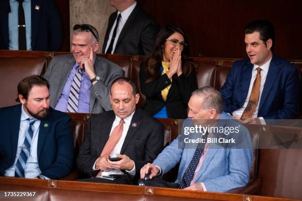 From left, House Freedom Caucus members Reps. Eli Crane, R-Ariz., Matt Rosendale, R-Mont., Bob Good, R-Va., Lauren Boebert, R-Colo., Andy Biggs,...