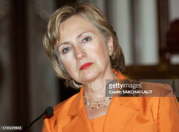 Secretary of State Hillary Clinton listens to a reporter's question during a press conference at the government house in Bangkok, on July 21, 2009....