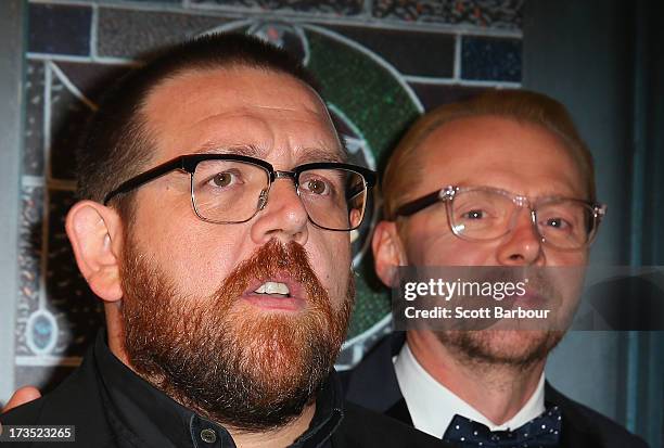 Actors Nick Frost and Simon Pegg arrive for 'The World's End' Australian premiere at Hoyts Melbourne Central on July 16, 2013 in Melbourne, Australia.