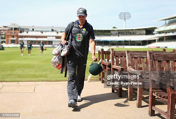 Ed Cowan of Australia arrives at an Australian Nets Session at Lord's Cricket Ground on July 16, 2013 in London, England.