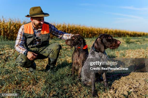 junger männlicher jäger hockt neben seinen beiden treuen jagdhunden und streichelt sie - tiere bei der jagd stock-fotos und bilder
