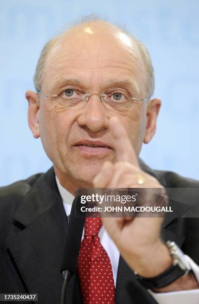 Klaus Theo Schroeder, State secretary at the German Health Ministry, addresses a press conference concerning the outbreak of swine flu with the...