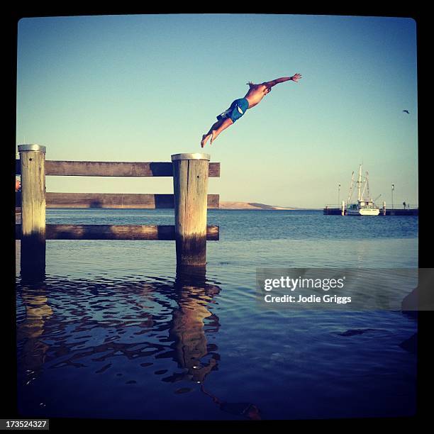 man diving off wooden jetty into the water - diving off boat australia stock-fotos und bilder