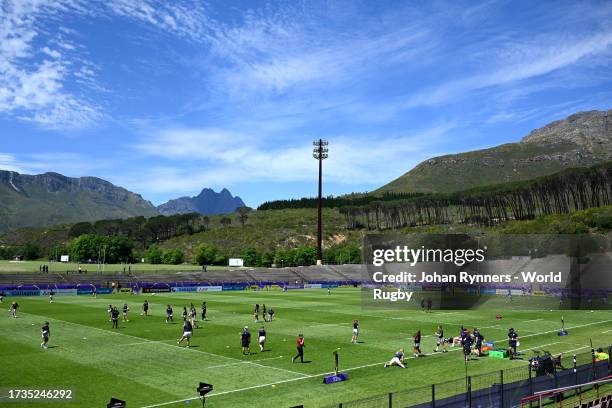 Players of United States warm up prior to the WXV 2 Match between United States and Samoa at The Danie Craven Stadium on October 14, 2023 in...