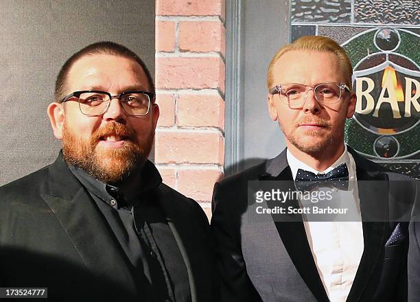 Actors Nick Frost and Simon Pegg arrive for 'The World's End' Australian premiere at Hoyts Melbourne Central on July 16, 2013 in Melbourne, Australia.