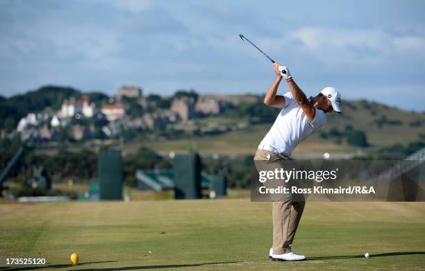 Lloyd Saltman of Scotland tees off on the 12th hole ahead of the 142nd Open Championship at Muirfield on July 16, 2013 in Gullane, Scotland.