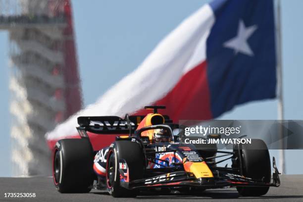 Red Bull Racing's Dutch driver Max Verstappen races during the practice session for the 2023 United States Formula One Grand Prix at the Circuit of...