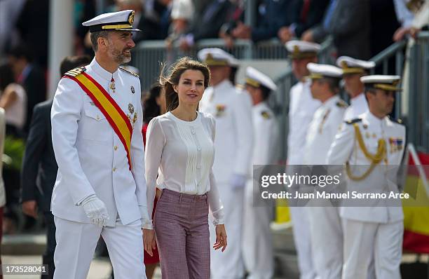 Prince Felipe of Spain and Princess Letizia of Spain visit Marin Navy Academy to attend the graduation ceremony on July 16, 2013 in Pontevedra, Spain.