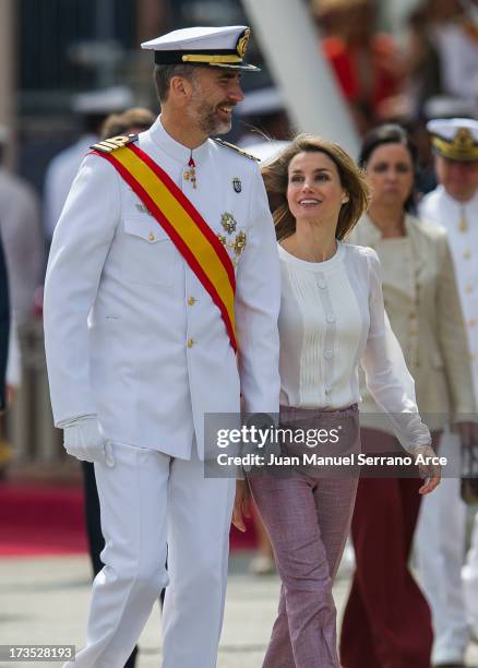 Prince Felipe of Spain and Princess Letizia of Spain visit the Marine Navy Academy to attend a graduation ceremony on July 16, 2013 in Pontevedra,...