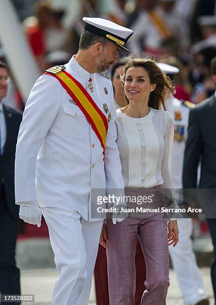 Prince Felipe of Spain and Princess Letizia of Spain visit the Marine Navy Academy to attend a graduation ceremony on July 16, 2013 in Pontevedra,...