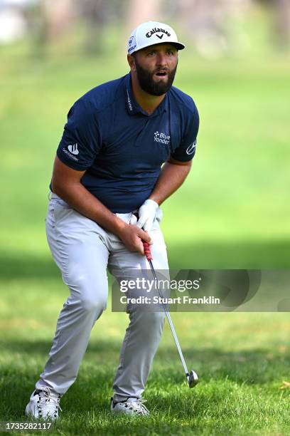 Jon Rahm of Spain reacts following a shot on the 14th hole on Day Three of the acciona Open de Espana presented by Madrid at Club de Campo Villa de...