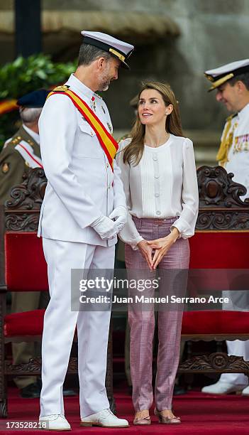 Prince Felipe of Spain and Princess Letizia of Spain visit Marin Navy Academy to attend the graduation ceremony on July 16, 2013 in Pontevedra, Spain.