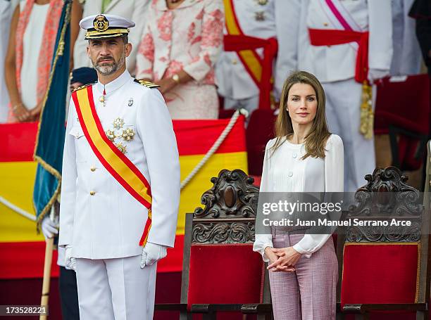 Prince Felipe of Spain and Princess Letizia of Spain visit Marin Navy Academy to attend the graduation ceremony on July 16, 2013 in Pontevedra, Spain.