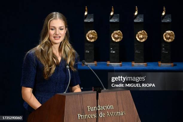 Spanish Crown Princess of Asturias Leonor delivers a speech during the 2023 Princess of Asturias award ceremony at the Campoamor theatre in Oviedo on...