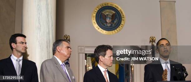 President Barack Obama announces the terms of the latest auto industry bailout with US Secretary of the Treasury Timothy Geithner , Transportation...