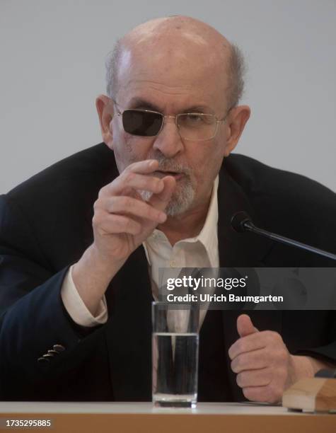 Sir Ahmed Salman Rushdie, who is scheduled to receive the 2023 Peace Prize of the German Book Trade Assiciation on Sunday, during his press...