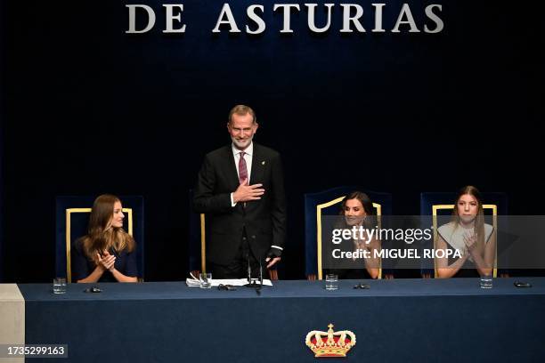 Spanish Crown Princess of Asturias Leonor, Spain's King Felipe VI, Spain's Queen Letizia and Spanish Princess Sofia preside the 2023 Princess of...