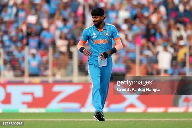 Hardik Pandya of India celebrates the wicket of Mohammad Nawaz of Pakistan during the ICC Men's Cricket World Cup India 2023 between India and...