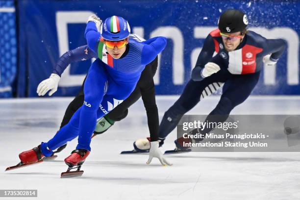 Pietro Sighel of Italy competes in the men's 500 m preliminary round during the ISU World Cup Short Track at Maurice Richard Arena on October 20,...