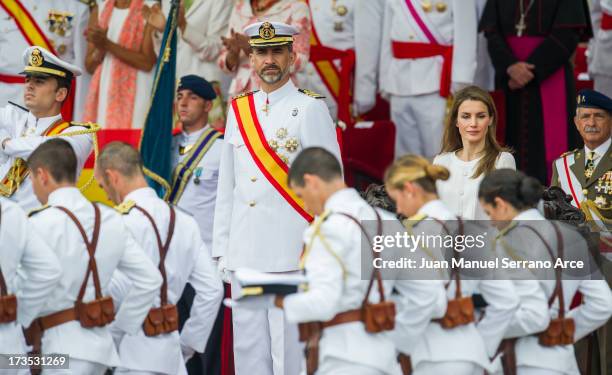 Prince Felipe of Spain and Princess Letizia of Spain visit Marin Navy Academy to attend the graduation ceremony on July 16, 2013 in Pontevedra, Spain.