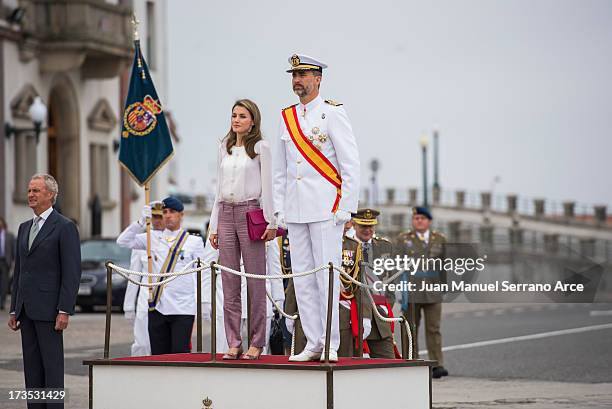 Prince Felipe of Spain and Princess Letizia of Spain visit the Marine Navy Academy to attend a graduation ceremony on July 16, 2013 in Pontevedra,...