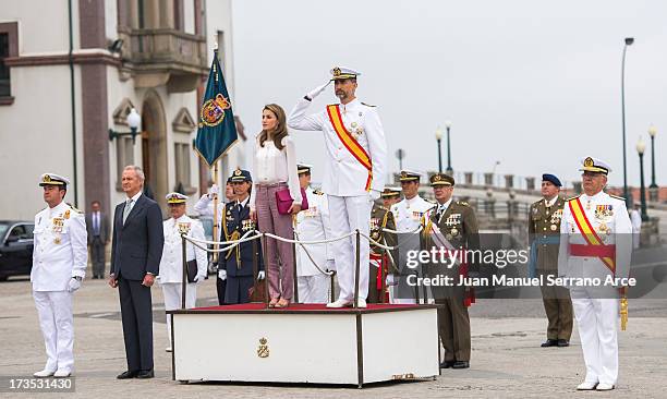 Prince Felipe of Spain and Princess Letizia of Spain visit the Marine Navy Academy to attend a graduation ceremony on July 16, 2013 in Pontevedra,...