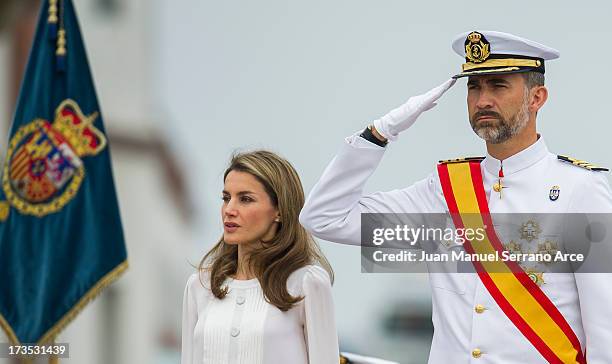 Prince Felipe of Spain and Princess Letizia of Spain visit the Marine Navy Academy to attend a graduation ceremony on July 16, 2013 in Pontevedra,...