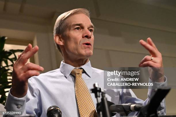 Representative Jim Jordan, Republican of Ohio, speaks to reporters leadership meeting at the US Capitol in Washington, DC, on October 20, 2023....