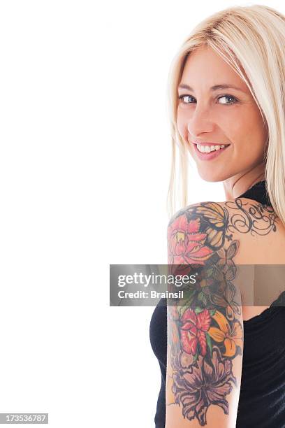 woman with tattoos - tattoo shoulder stock pictures, royalty-free photos & images