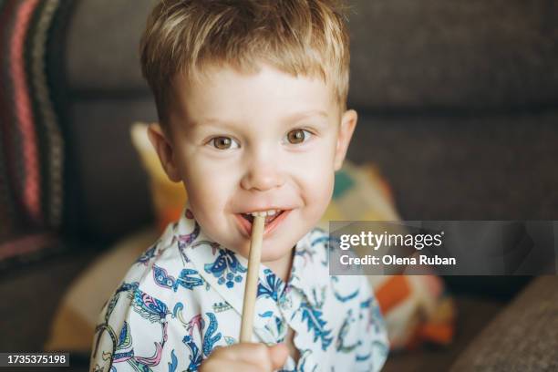 a boy biting a wooden stick. - brown eyes stock pictures, royalty-free photos & images