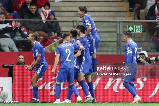 Players of Moldova celebrate after scoring a goal during the European Championship 2024-Qualifying round Match between Poland and Moldova at PGE...